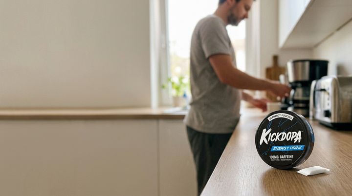 KickDopa caffeine pouch on a kitchen counter for a 100mg versus 200mg comparison