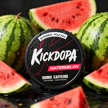 Kickdopa caffeine pouch held in hand real-world scale