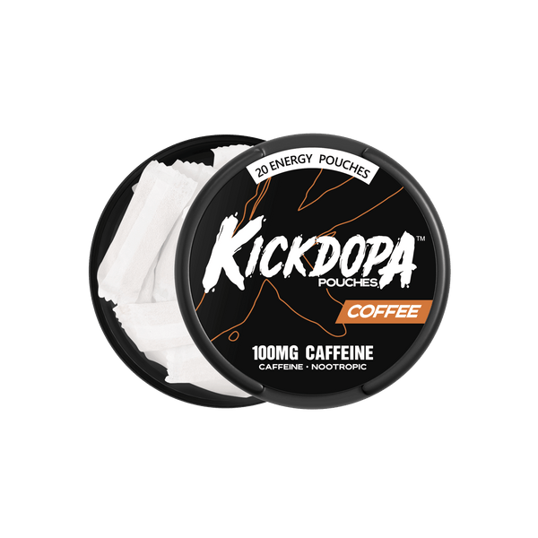 Kickdopa Coffee 100mg caffeine pouch can opened showing 20 pouches