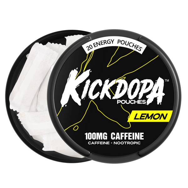 Kickdopa Lemon 100mg caffeine pouch can opened showing 20 pouches