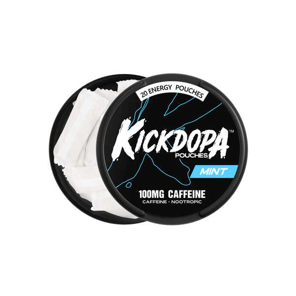 Kickdopa Mint 100mg caffeine pouch can opened showing 20 pouches