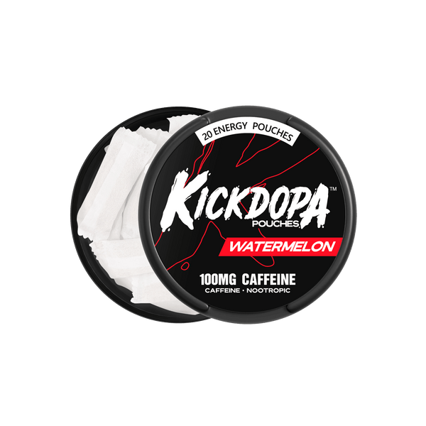 Kickdopa Watermelon 100mg caffeine pouch can opened showing 20 pouches