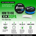 KickDopa Mint caffeine energy pouches with daily caffeine guidance and four-step use instructions