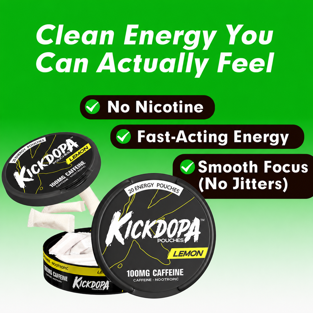 KickDopa Lemon caffeine energy pouches with 100 mg caffeine per pouch and zero nicotine